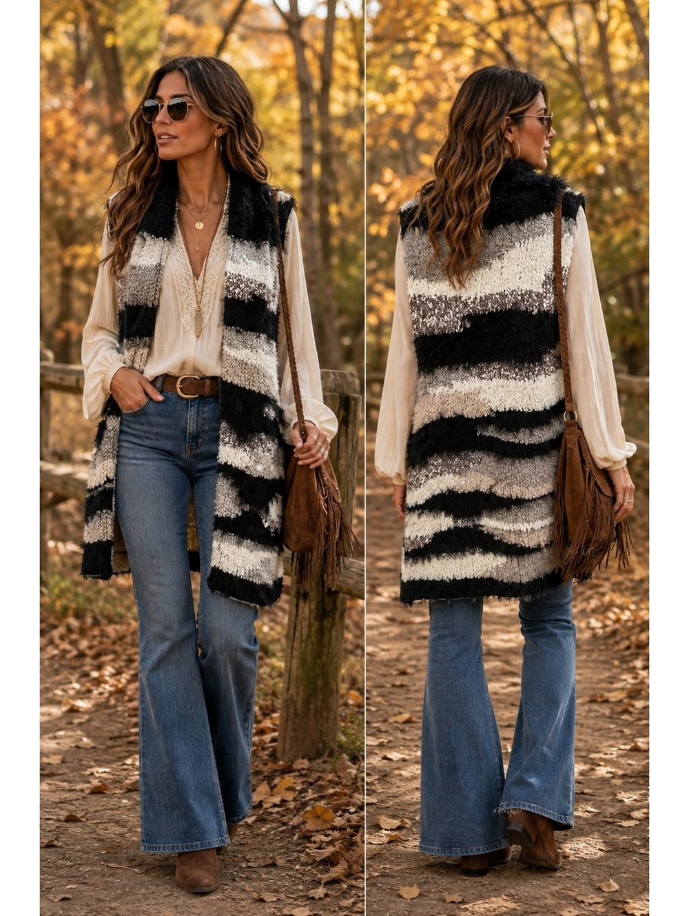 Free People Wool Alpaca Blend Long Striped Open Front Vest S/M Boho